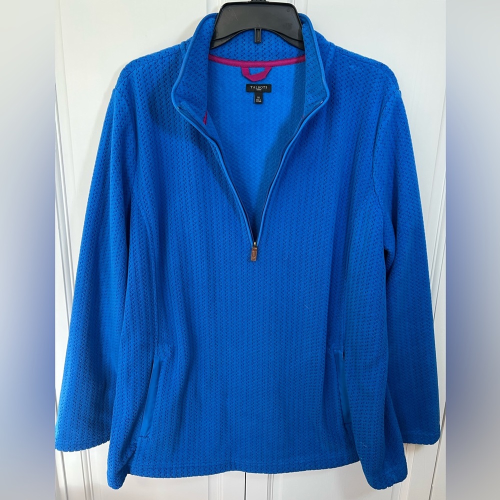 Talbots fleece pullover, women’s 1X, cozy 1/2 zip, pockets, med. blue, like new